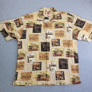 Hilo Hattie Shirt Mens Medium Silk Hawaiian Aloha Tiki Beaches Print Button